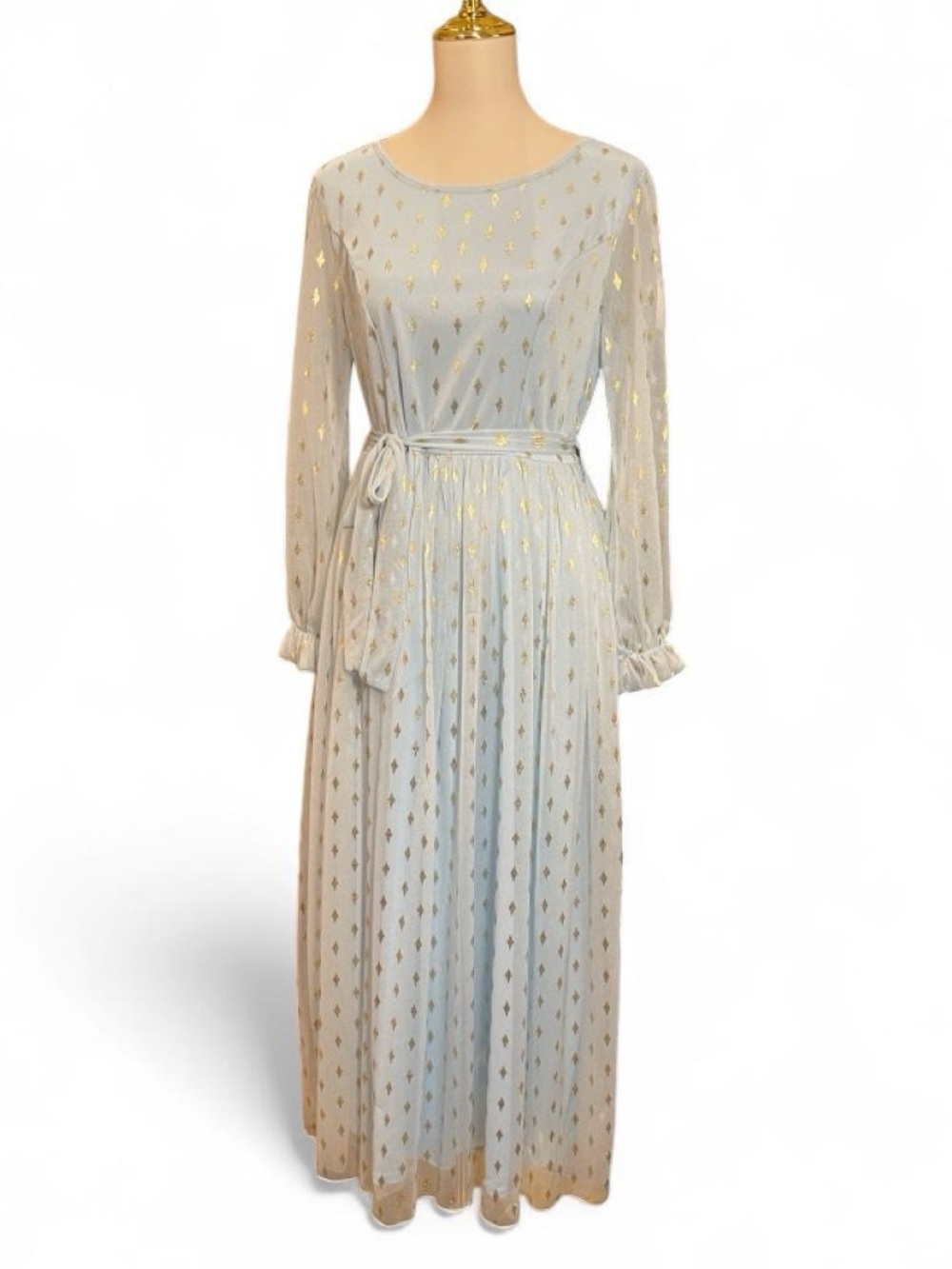 Elegant Light Blue Maxi Dress with Gold Foil Details